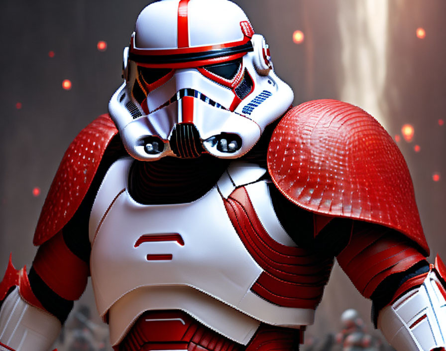 Detailed Close-Up of Red and White Stormtrooper Helmet with Blurred Background