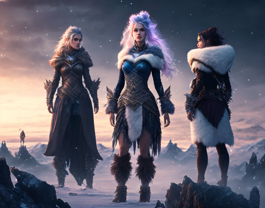 Fantasy warrior women in armor on snowy landscape with purple sky