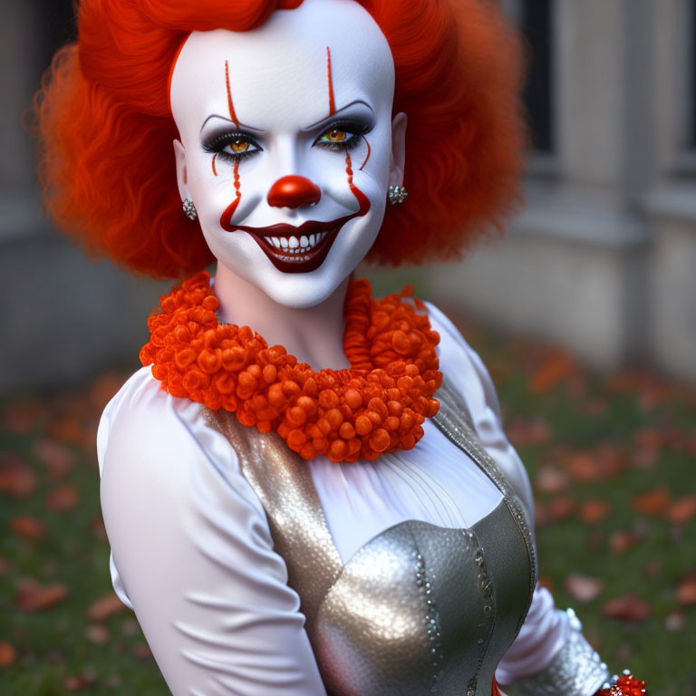 Clown makeup person with red hair smiling in autumn setting