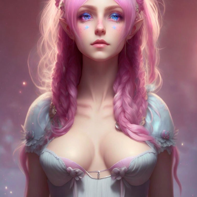 Fantasy character with pink braided hair and whimsical outfit