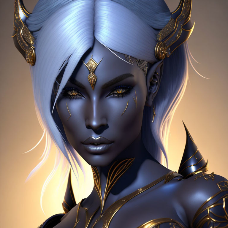 Blue-skinned character with white hair and golden armor and crown.