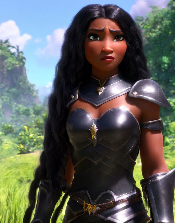 Long-haired female animated character in silver armor on lush green landscape