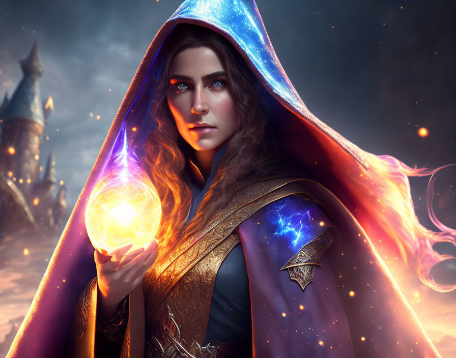 Mystical woman in starry cape with glowing orb and castle backdrop