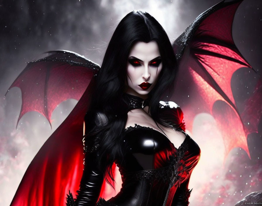 Gothic vampiric woman with black hair, red eyes, bat-like wings