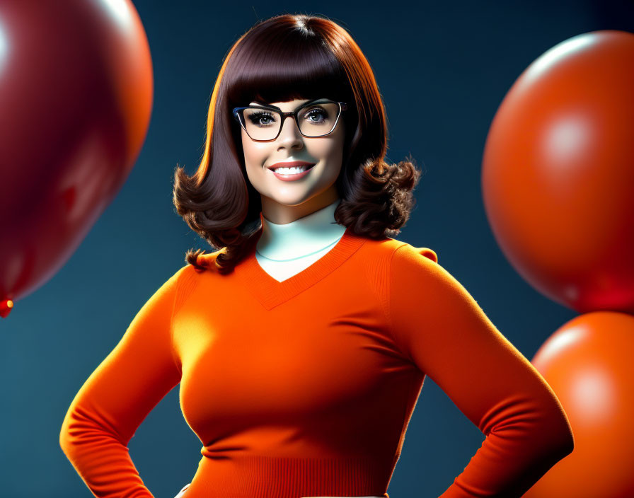 Stylized 3D illustration of woman with dark hair and glasses surrounded by red balloons