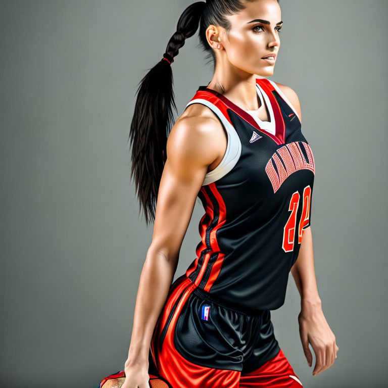 Female athlete in basketball attire with ponytail and determined expression.