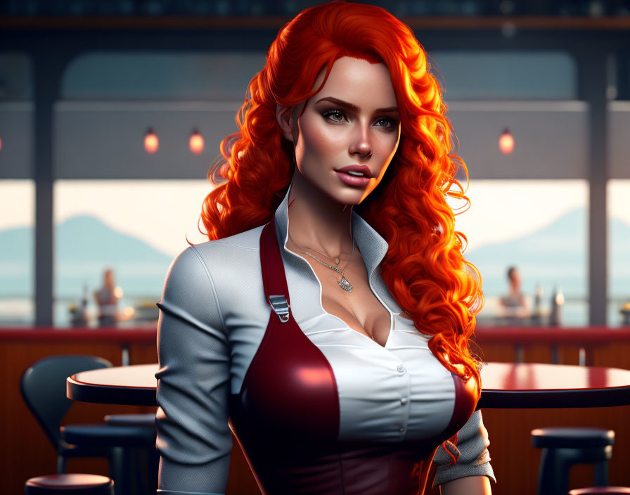 Vibrant red-haired woman in 3D with blue eyes in retro diner.