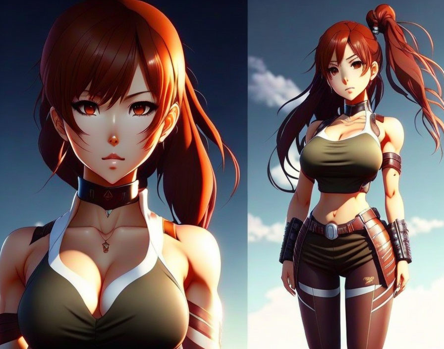 Split digital art: Brown-haired anime female in crop top, choker, high ponytail, two