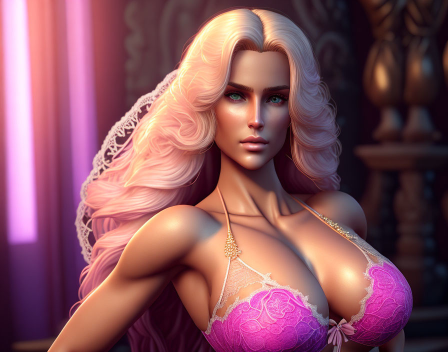 Blonde Woman in Pink Lace Dress with Blue Eyes in 3D Art