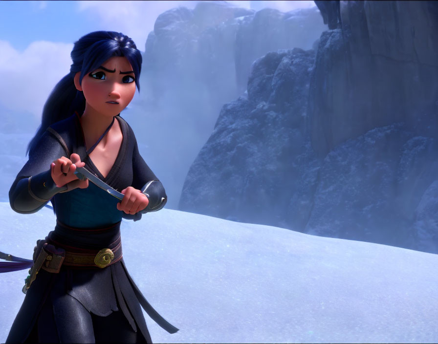 Dark-haired female character wields sword in snowy setting