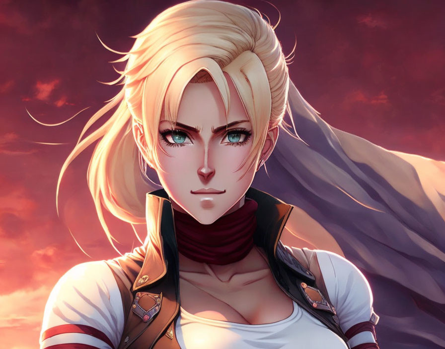 Blonde, Green-Eyed Animated Character in White Top and Red Scarf with Armor on D