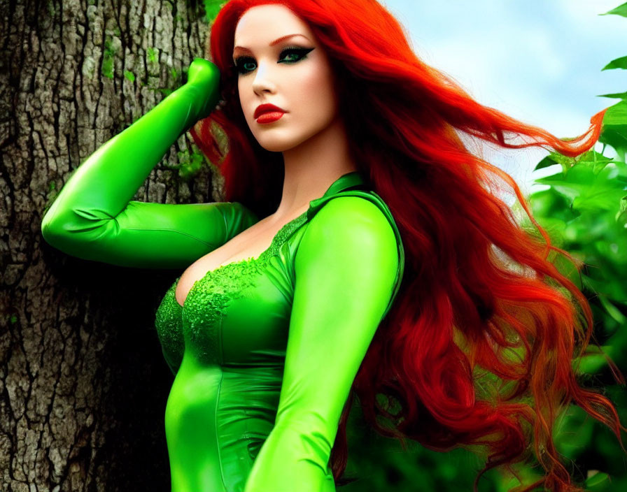 Vivid Red-Haired Woman in Green Clothing Resting Against Tree