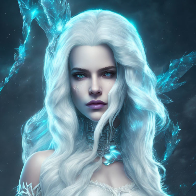 Digital portrait of woman with long white hair and blue eyes, surrounded by glowing blue crystals