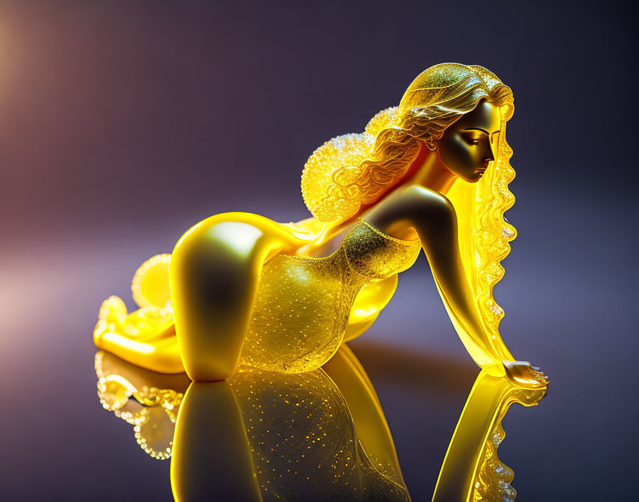 Golden female figure reclining on shiny surface with purple-yellow gradient background