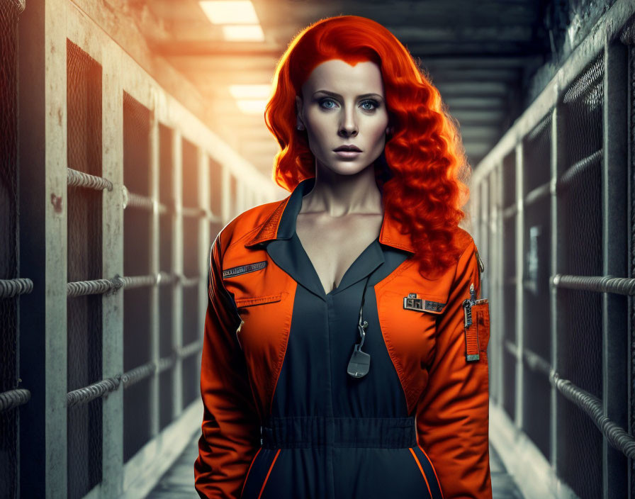 Vibrant red-haired woman in orange jumpsuit in dramatic corridor setting