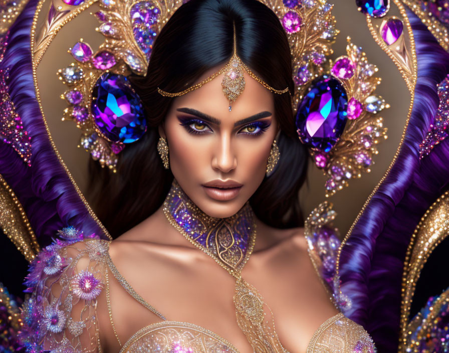 Digital Artwork: Woman with Elaborate Purple Gem Jewelry