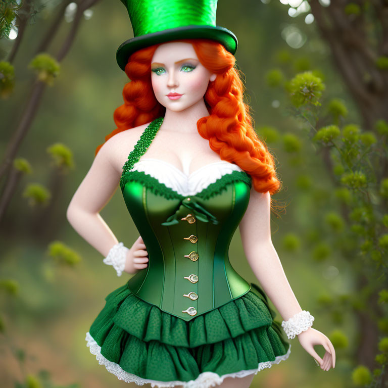 Fiery red-haired figure in green corset dress with top hat in forest setting