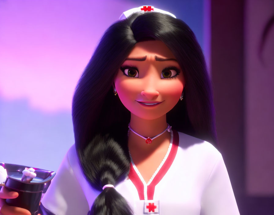 3D animated female nurse character with long black hair and stethoscope