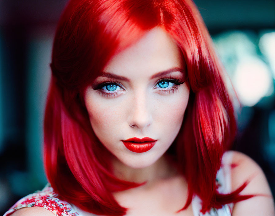 Vibrant red-haired woman with bold blue eyes and red lipstick in blurred background.