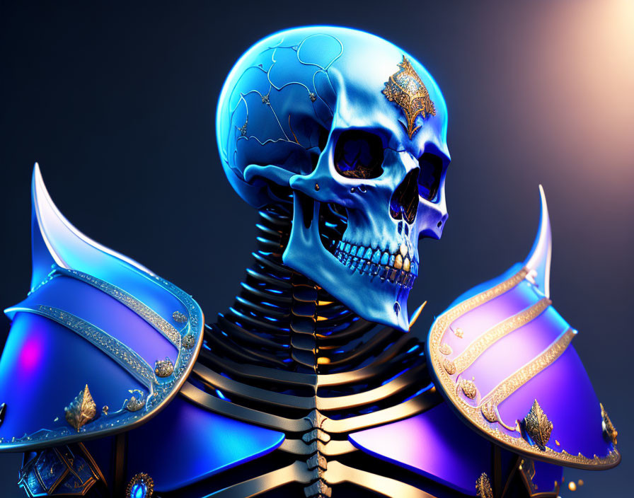 Metallic blue skull with golden cracks in ornate armor on dark background