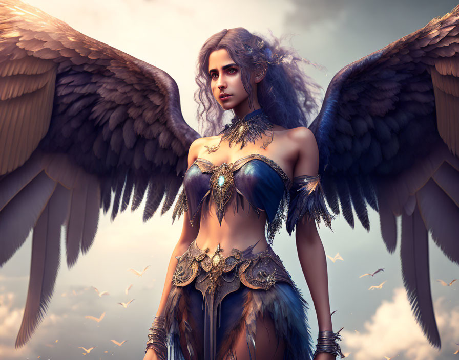 Detailed digital artwork of female figure with large wings and ornate feather armor against bird-filled sky