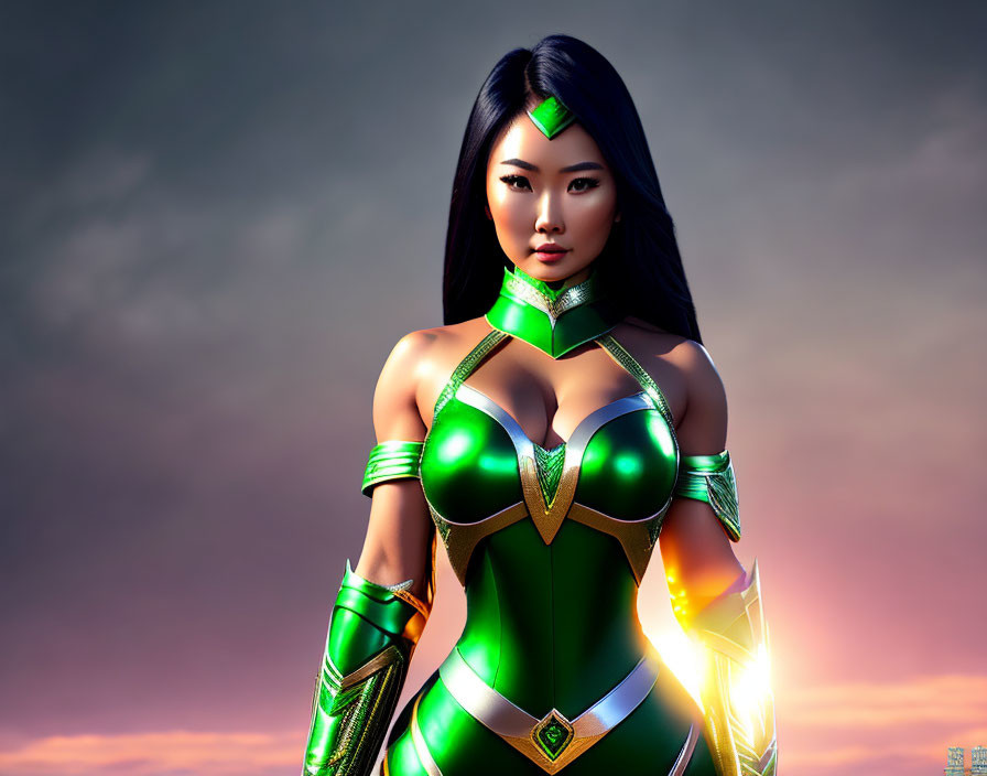 Female superhero in green and gold costume with glowing emblem in 3D art