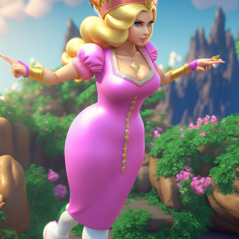 Princess Peach 3D illustration in pink dress above fantasy landscape