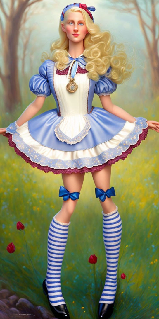 Blonde curly-haired Alice doll in blue dress in forest clearing