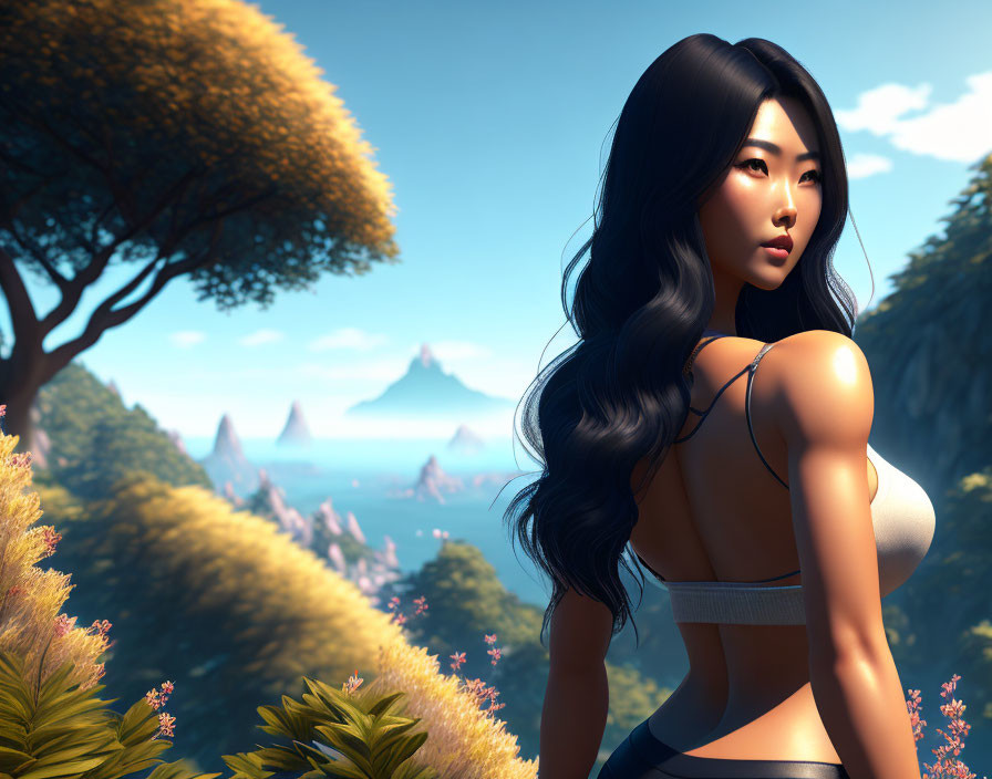 3D Rendered Image of Woman with Long Black Hair and Scenic Vista