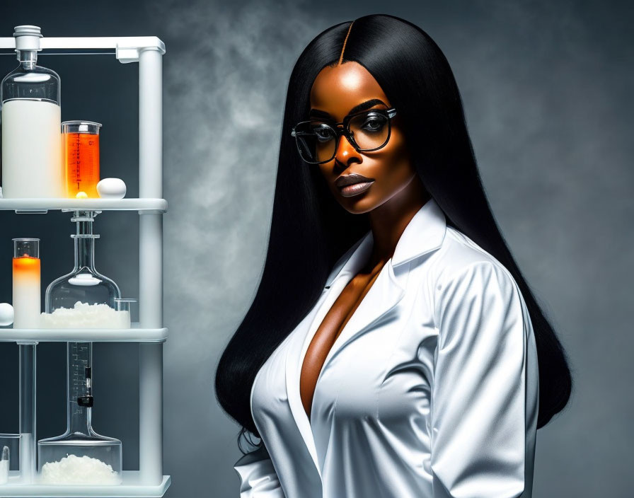 Professional Woman in White Lab Coat and Glasses at Laboratory Equipment