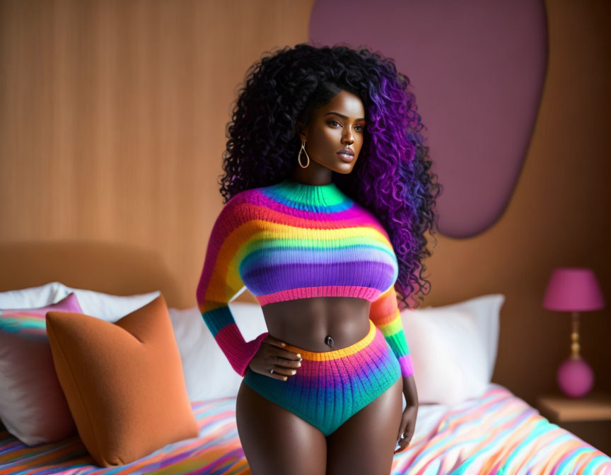 Purple-haired woman in colorful outfit in stylish bedroom