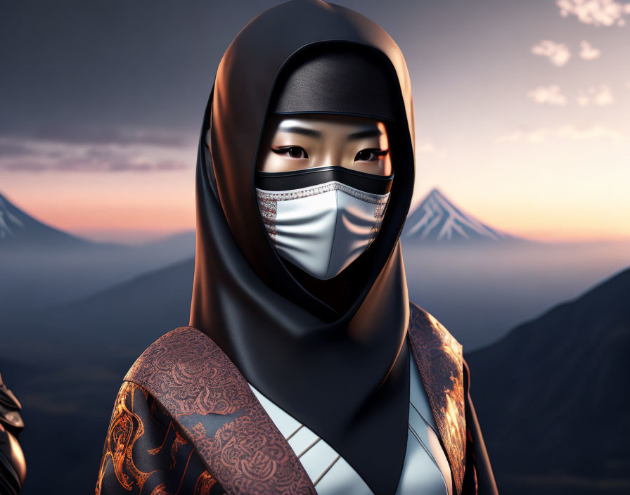 Digital artwork: Person in hijab and mask with ornate patterns, sunset mountains