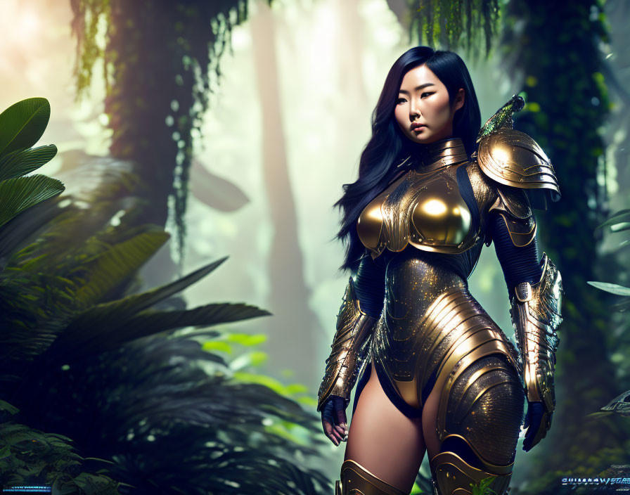 Elaborate golden armor figure in misty forest with sunlight.