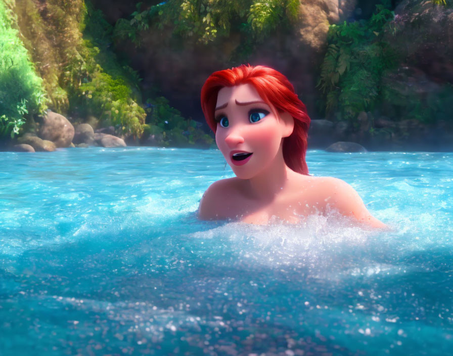 Red-Haired Animated Character Surprised in Clear Water