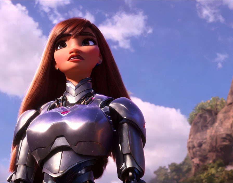 Futuristic female character in armored suit under sunlight gaze.