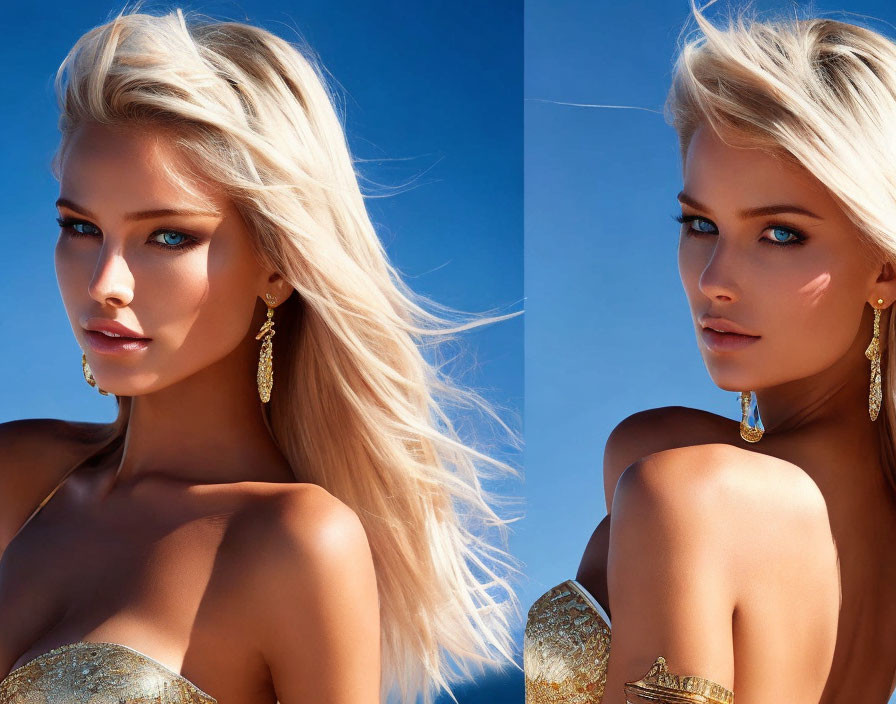 Blonde Woman in Gold Dress and Earrings on Blue Background