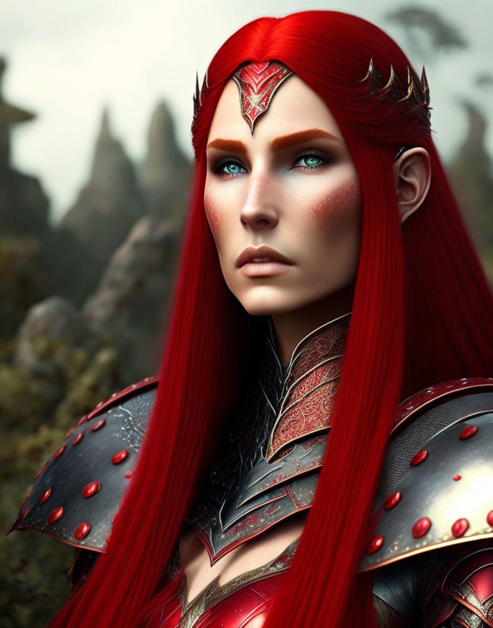 Elf warrior digital artwork: vibrant red hair, blue eyes, red & silver armor, forest background