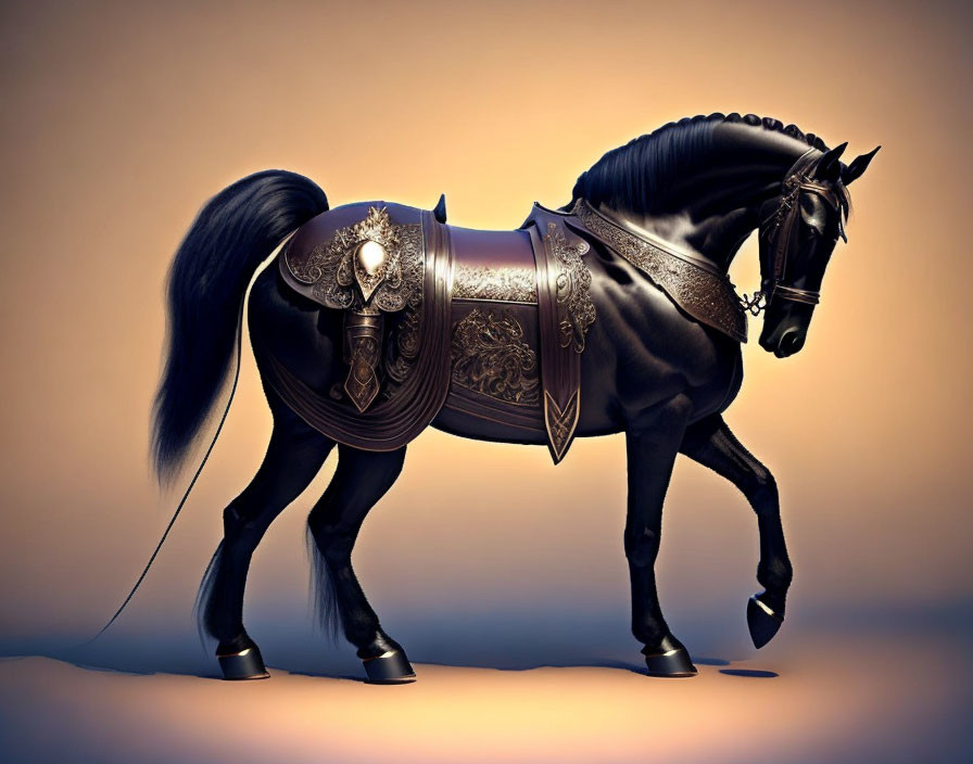 Black horse in silver armor on warm gradient background