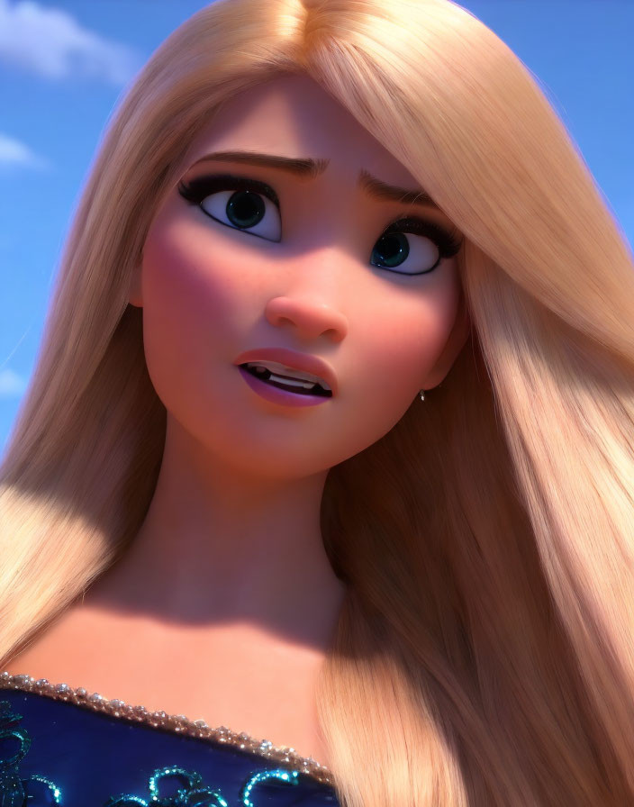 Blonde Animated Female Character in Blue Dress with Concerned Expression