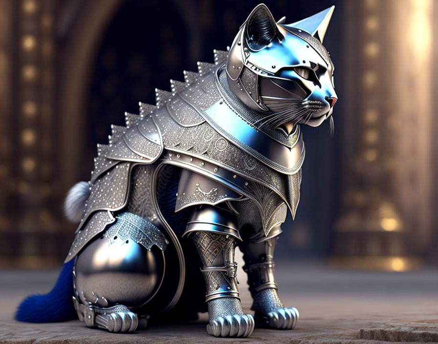 Digital Artwork: Cat in Medieval Armor in Ornate Hall