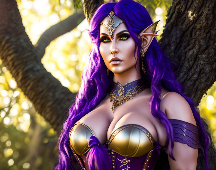 Fantasy digital artwork: Purple-skinned female character with elf ears and vibrant hair in golden crown and