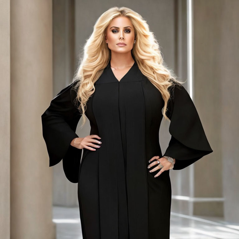 Blonde woman in stylish black outfit against architectural backdrop