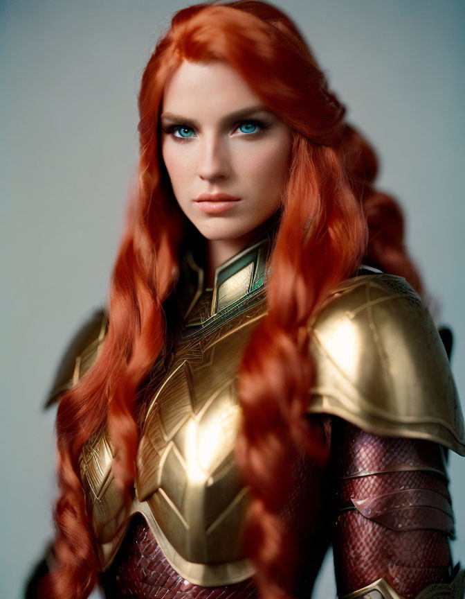 Portrait of woman with long red hair and blue eyes in gold and burgundy armor.