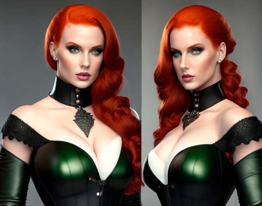 Vibrant red-haired woman in black corset and choker, dual portrait.