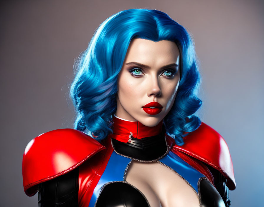 Bright Blue Hair & Futuristic Red/Blue Bodysuit Female Character