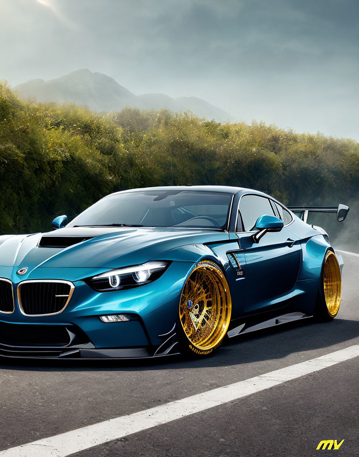 Blue BMW Sports Car with Golden Wheels on Road with Green Hills and Mist