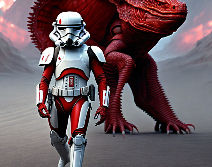 White and Red Stormtrooper with Giant Red Alien Lizard on Murky Landscape