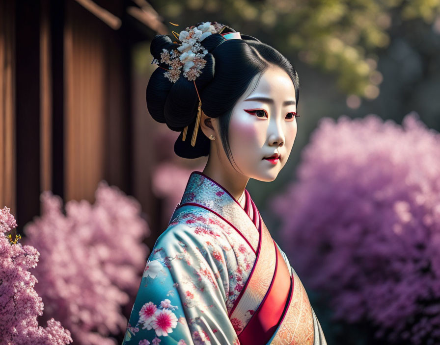 Traditional Japanese woman in kimono and geisha makeup near purple flowers and kanzashi.