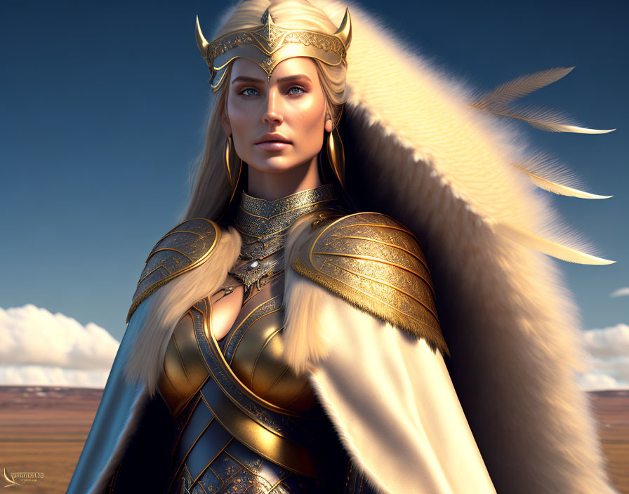 Blonde-haired female figure in golden armor and crown on plains