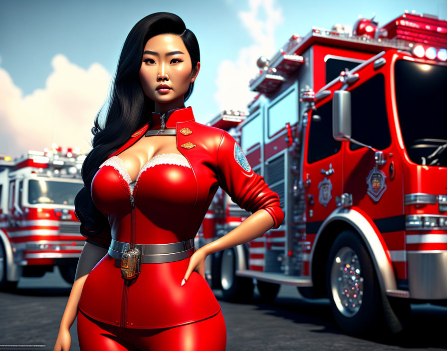 Stylized 3D illustration of a woman in red firefighter uniform standing confidently by fire trucks